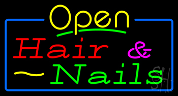 Open Hair and Nails with Blue Border Neon Sign