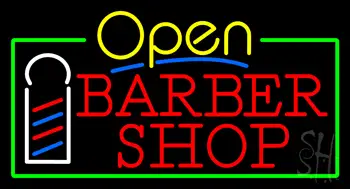 Yellow Open Red Barber Shop Green Border Neon Sign