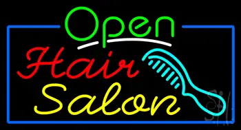 Green Open Hair Salon with Blue Border Neon Sign