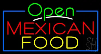 Open Mexican Food with Blue Border Neon Sign