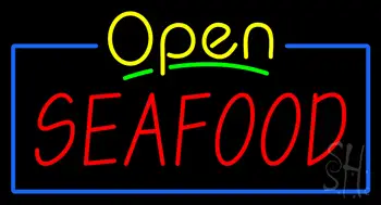 Open Seafood with Blue Border Neon Sign