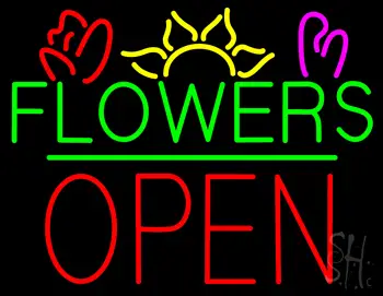 Green Flowers Red Block Open LED Neon Sign