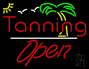 Red Tanning Open White Line with Palm Tree LED Neon Sign