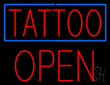 Red Tattoo Blue Border Block Open LED Neon Sign