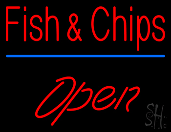 Fish & Chips Open with Blue Line LED Neon Sign