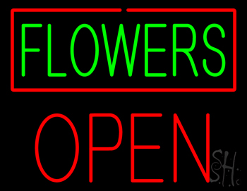 Green Flowers Red Border Open LED Neon Sign