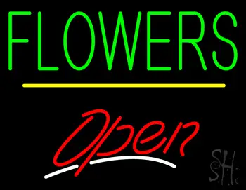 Green Block Flowers Yellow Line Red Open LED Neon Sign