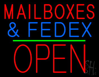 Mail Boxes and FedEx Open Block Green Line LED Neon Sign