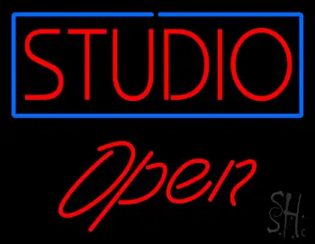 Red Studio Open Blue border LED Neon Sign
