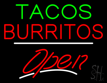 Tacos Burritos Open White Line LED Neon Sign