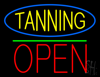 Oval Blue Border Tanning Block Open Green Line LED Neon Sign