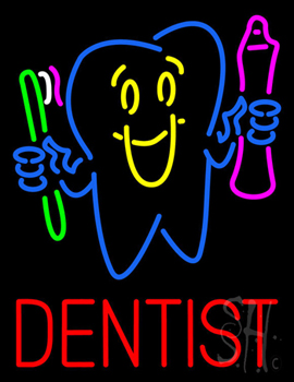 Dentist  Tooth Logo with Brush and Paste Neon Sign