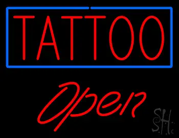 Red Tattoo Blue Border Open LED Neon Sign