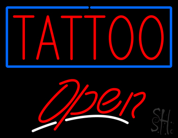Red Tattoo Blue Border Open White Slant LED Neon Sign