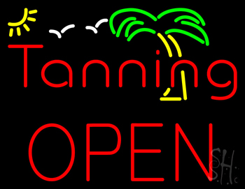 Red Tanning Block Open with Palm Tree LED Neon Sign