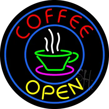 Round Red Coffee Open Yellow Neon Sign