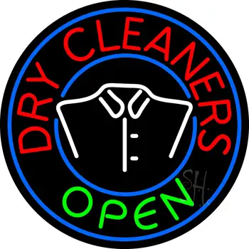 Round Dry Cleaners Open Neon Sign