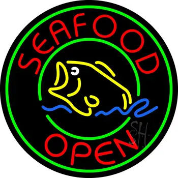 Round Seafood Open Neon Sign