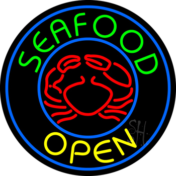 Round Green Seafood Open Neon Sign