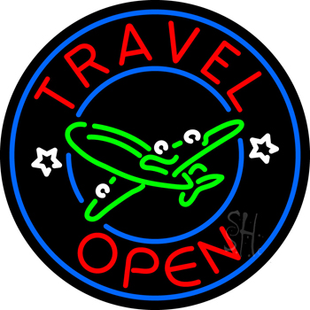 Red Travel Open Blue Circle Neon Sign