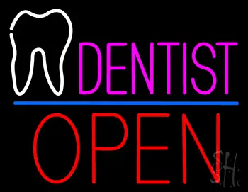 Pink Dentist White Tooth Blue Line Open LED Neon Sign